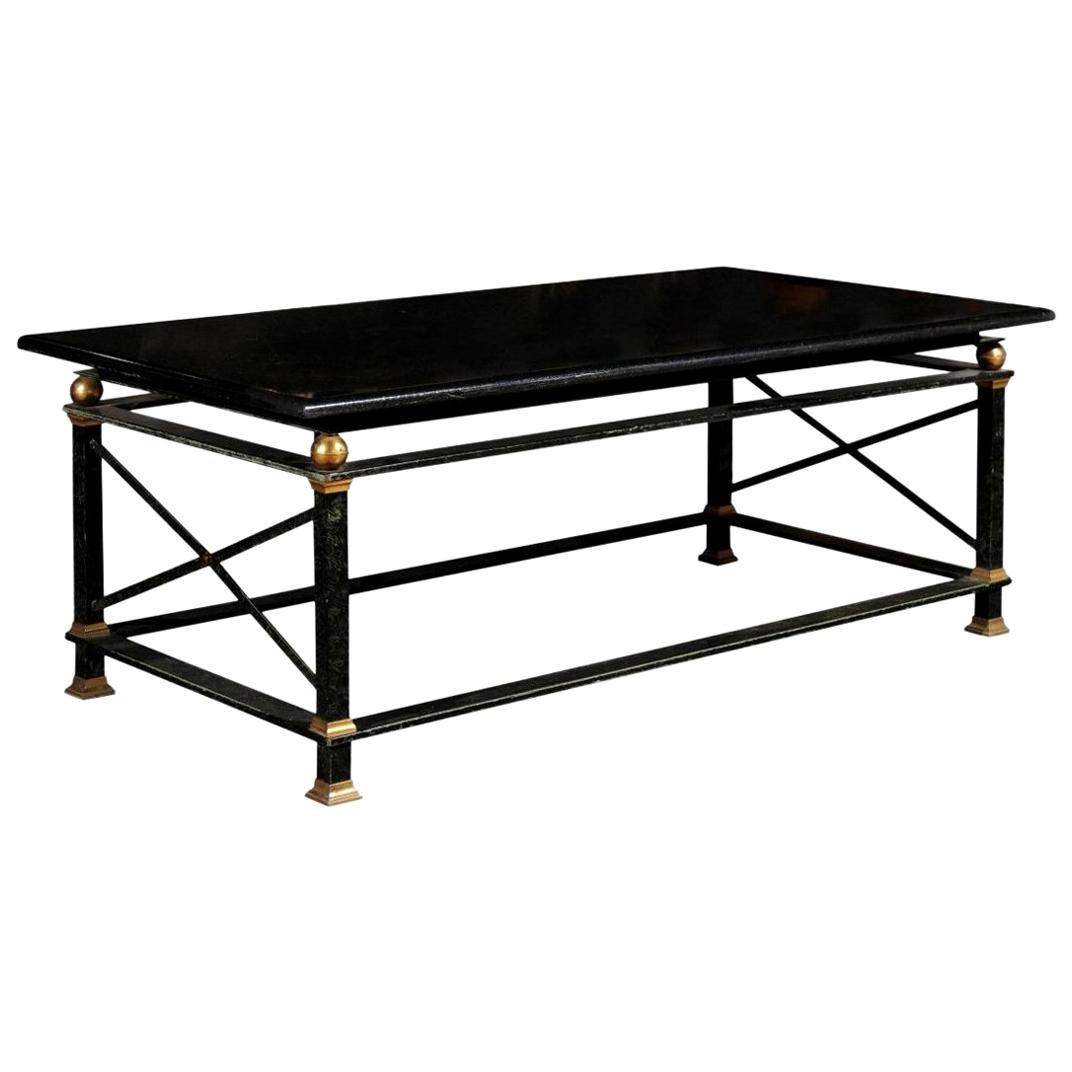 French Parisian Coffee Table with Black Marble Top, Iron Base and Brass Accents