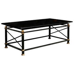 French Parisian Coffee Table with Black Marble Top, Iron Base and Brass Accents