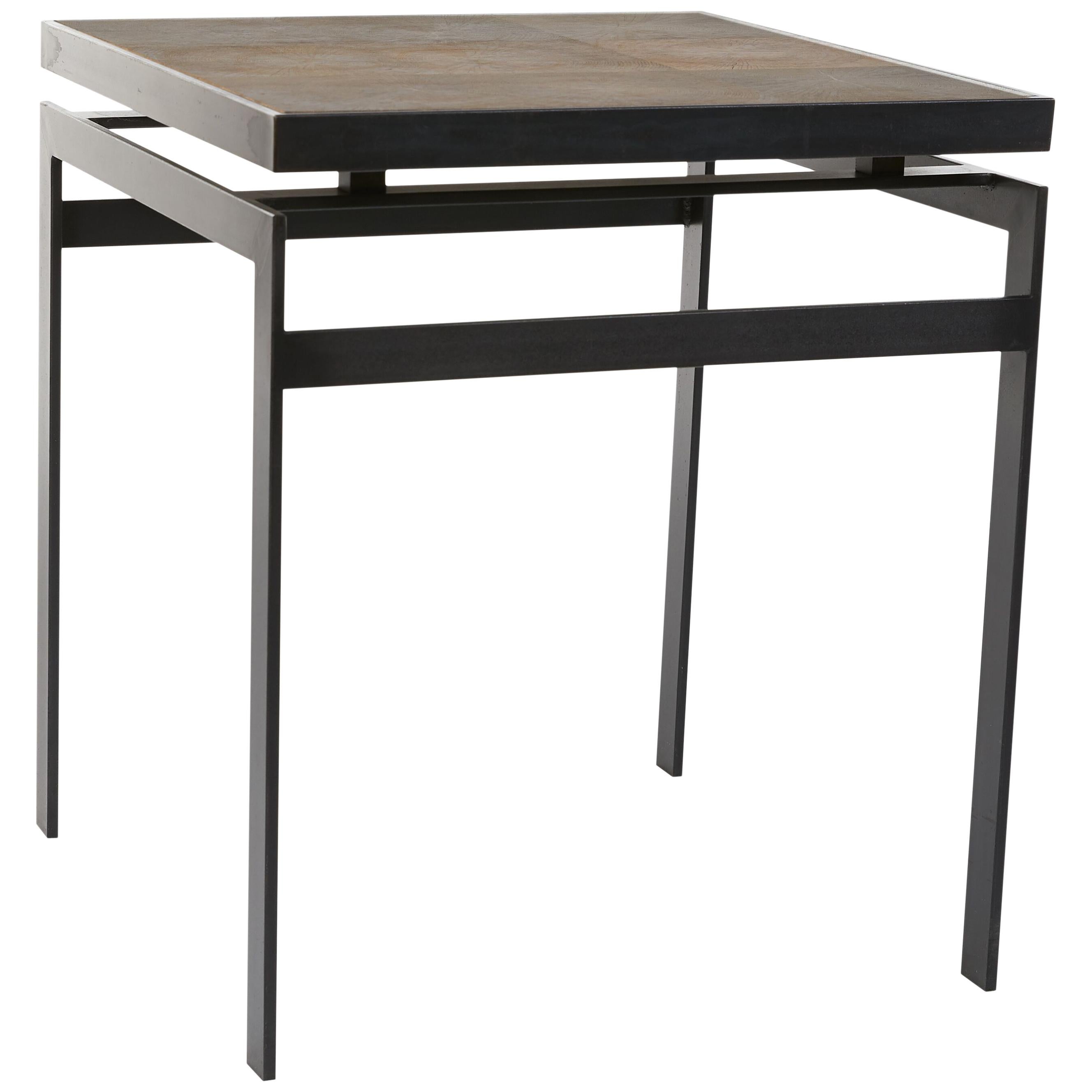 Steel Frame Oak Top Modernist End Table For Sale