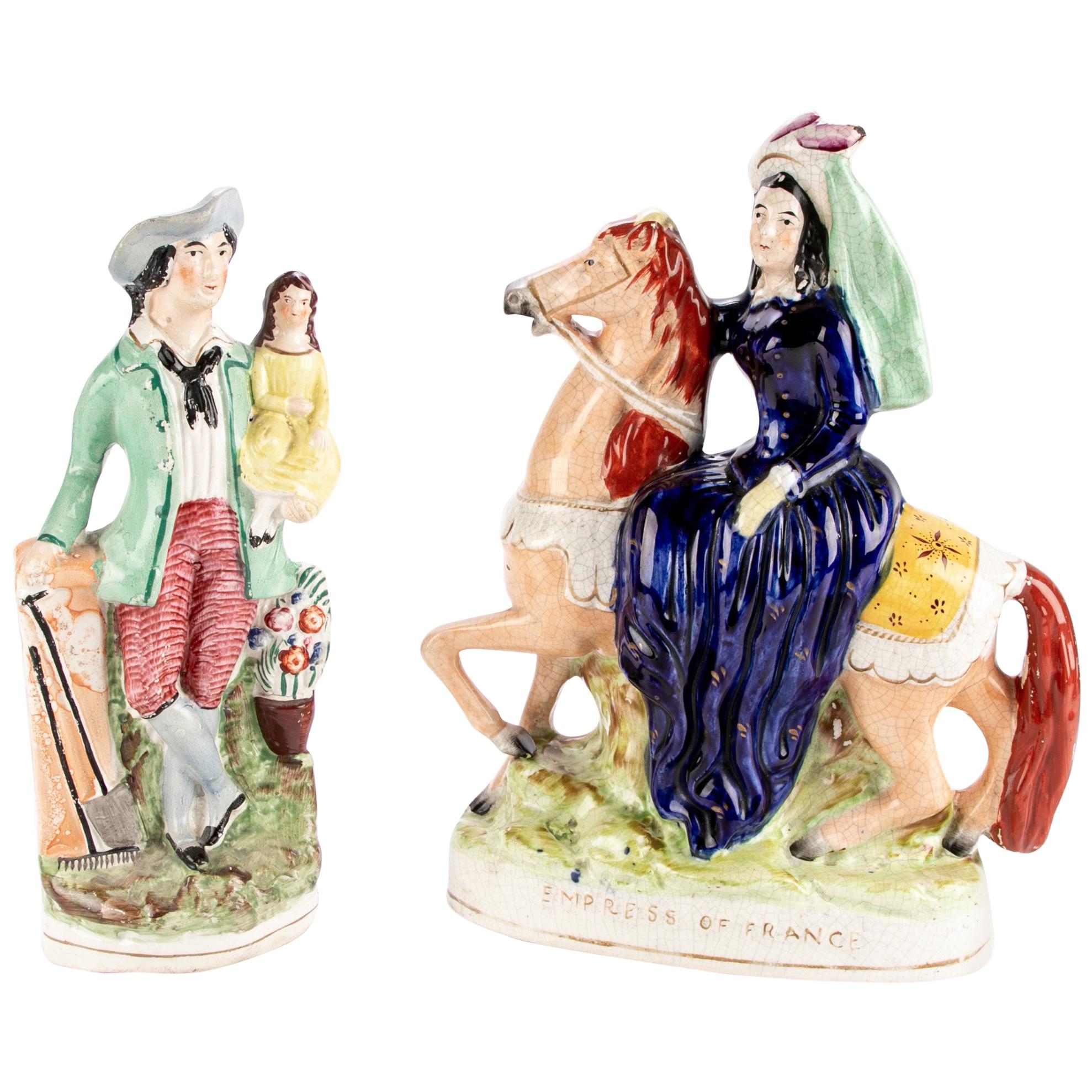 Two Antique Staffordshire Glazed and Painted Earthenware Figures