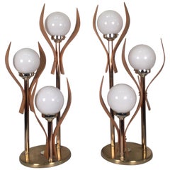 Mid-Century Modern Brass Three-Globe Lamps with Wood Veneer Petals, a Pair