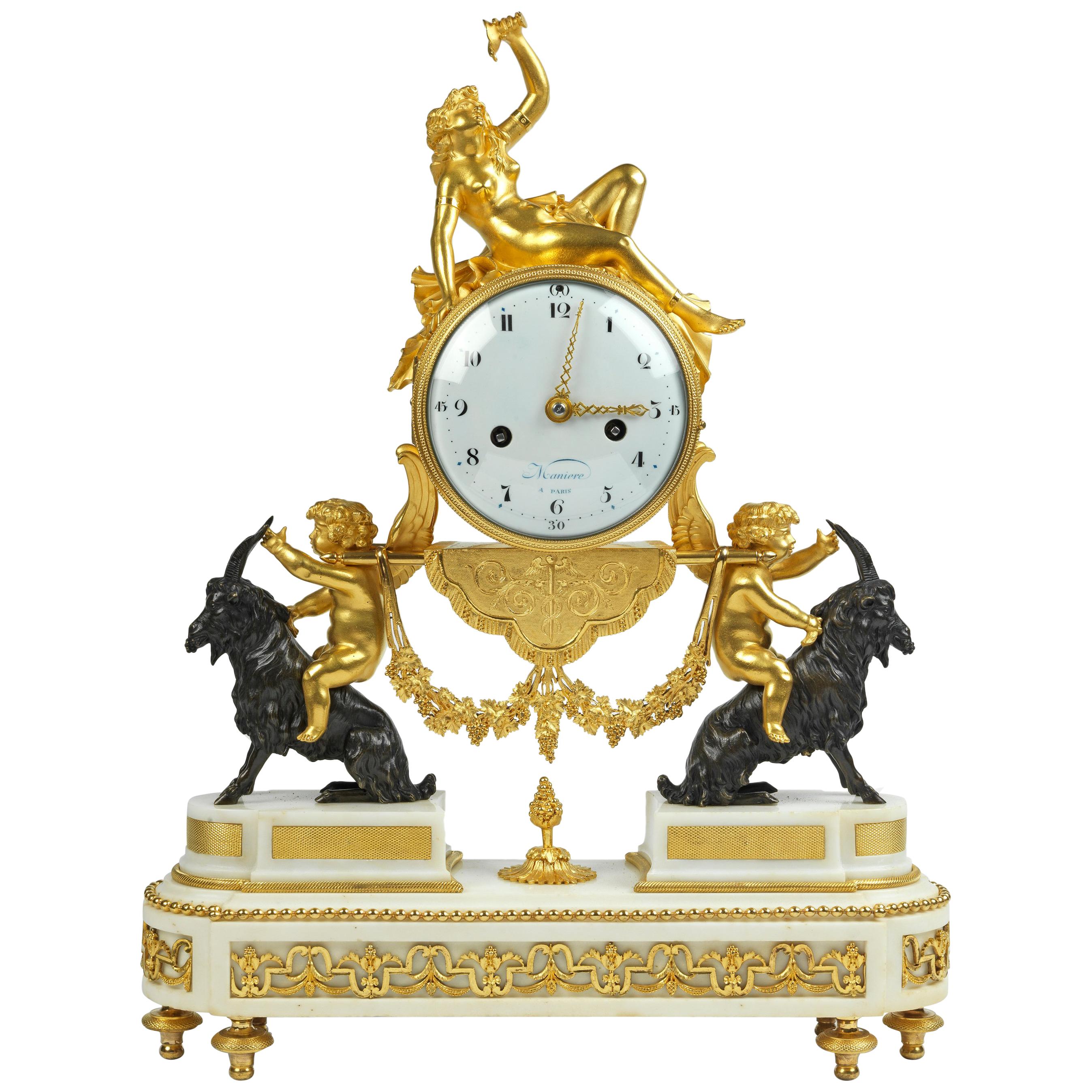 Louis XVI Ormolu and White Marble Mantel Clock by Maniere For Sale