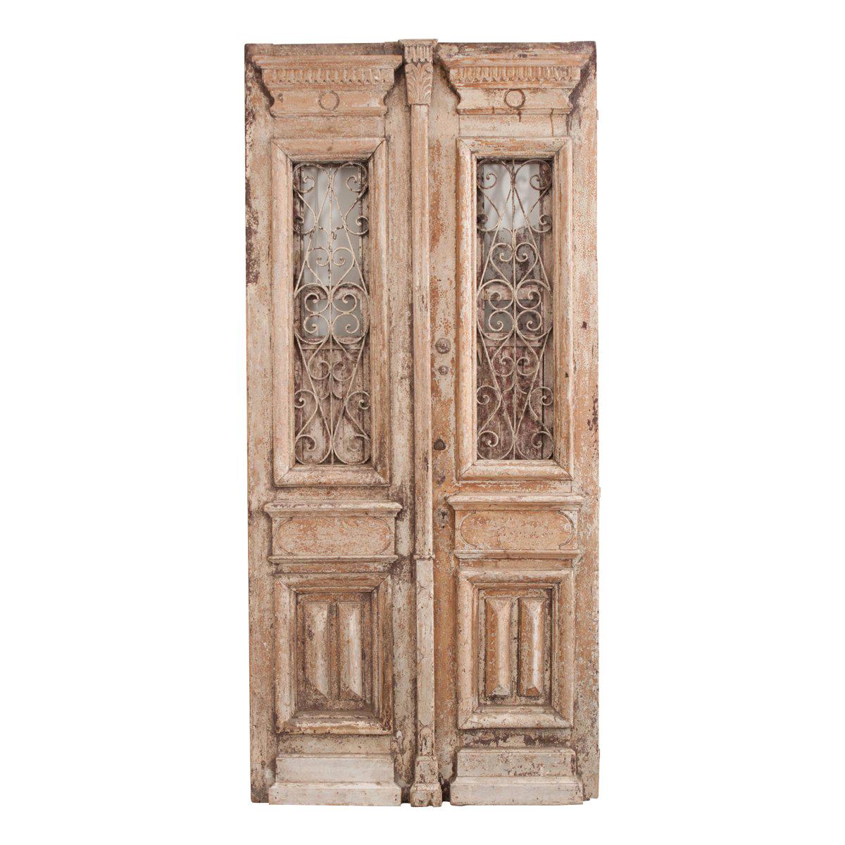 Tall Pair of Napoleon III-Style Painted Pine and Wrought-Iron Entrance Doors