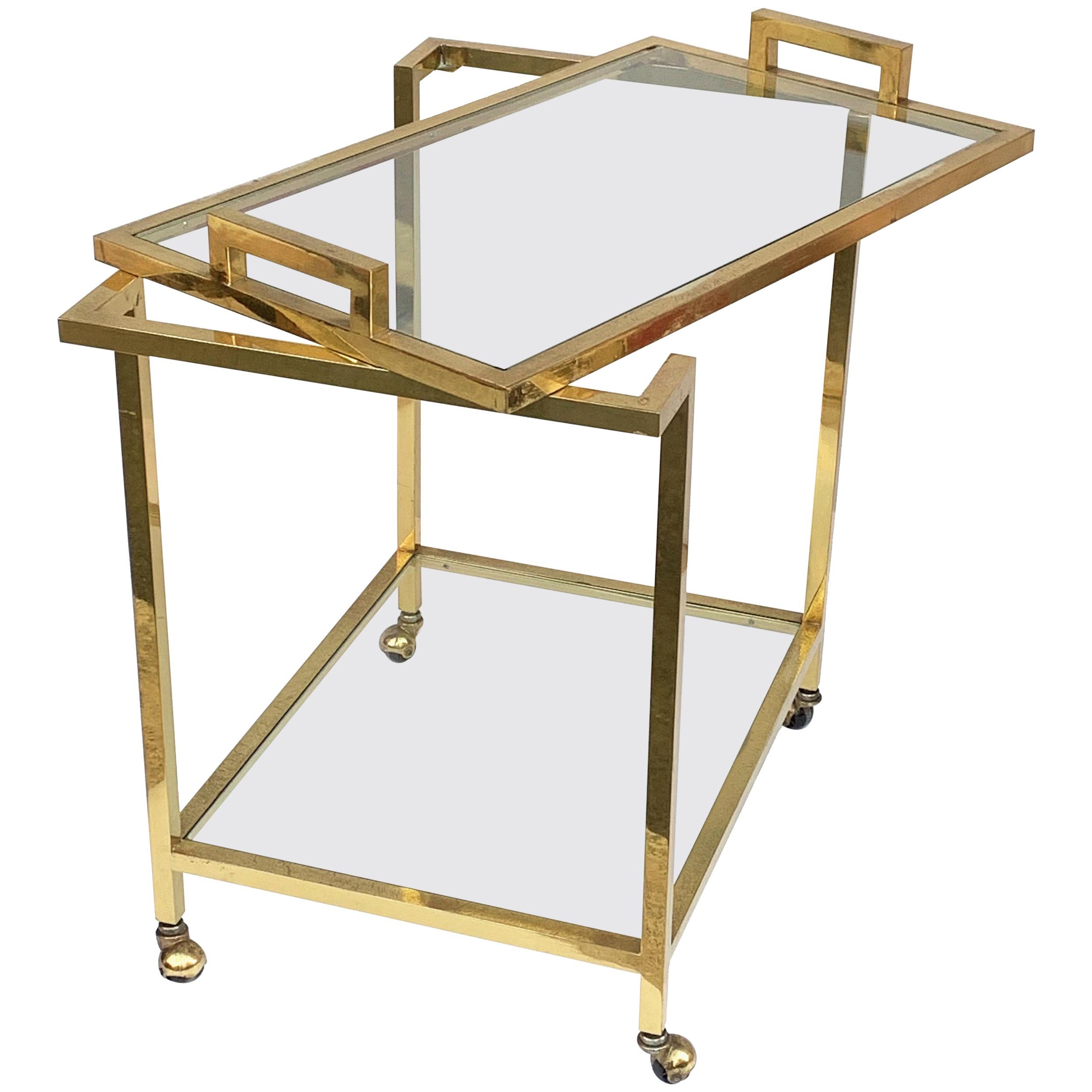 Romeo Rega style Trolley with Service Tray, Gilded Brass and Glass, Italy, 1980s For Sale