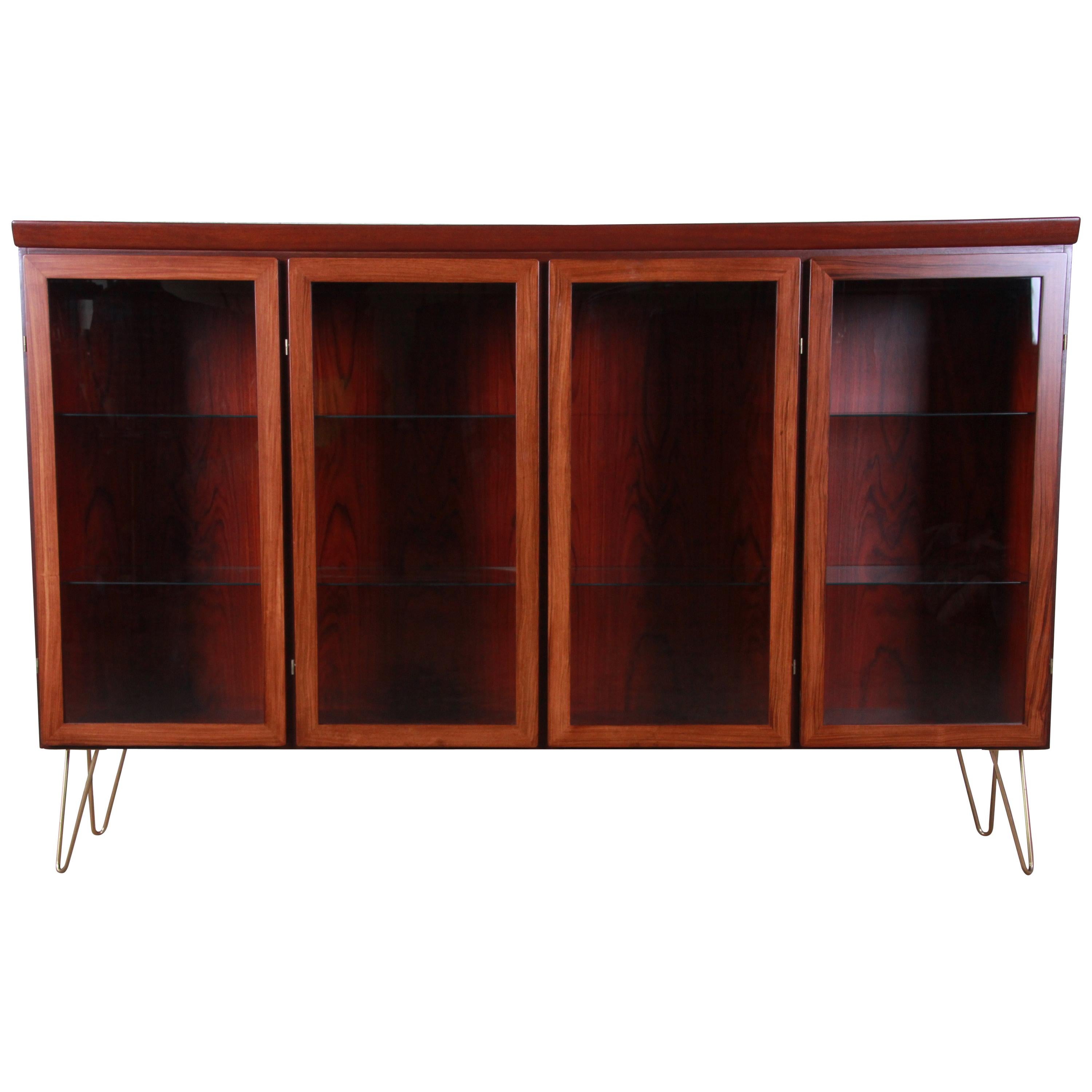 Skovby Danish Modern Rosewood Glass Front Bookcase on Hairpin Legs