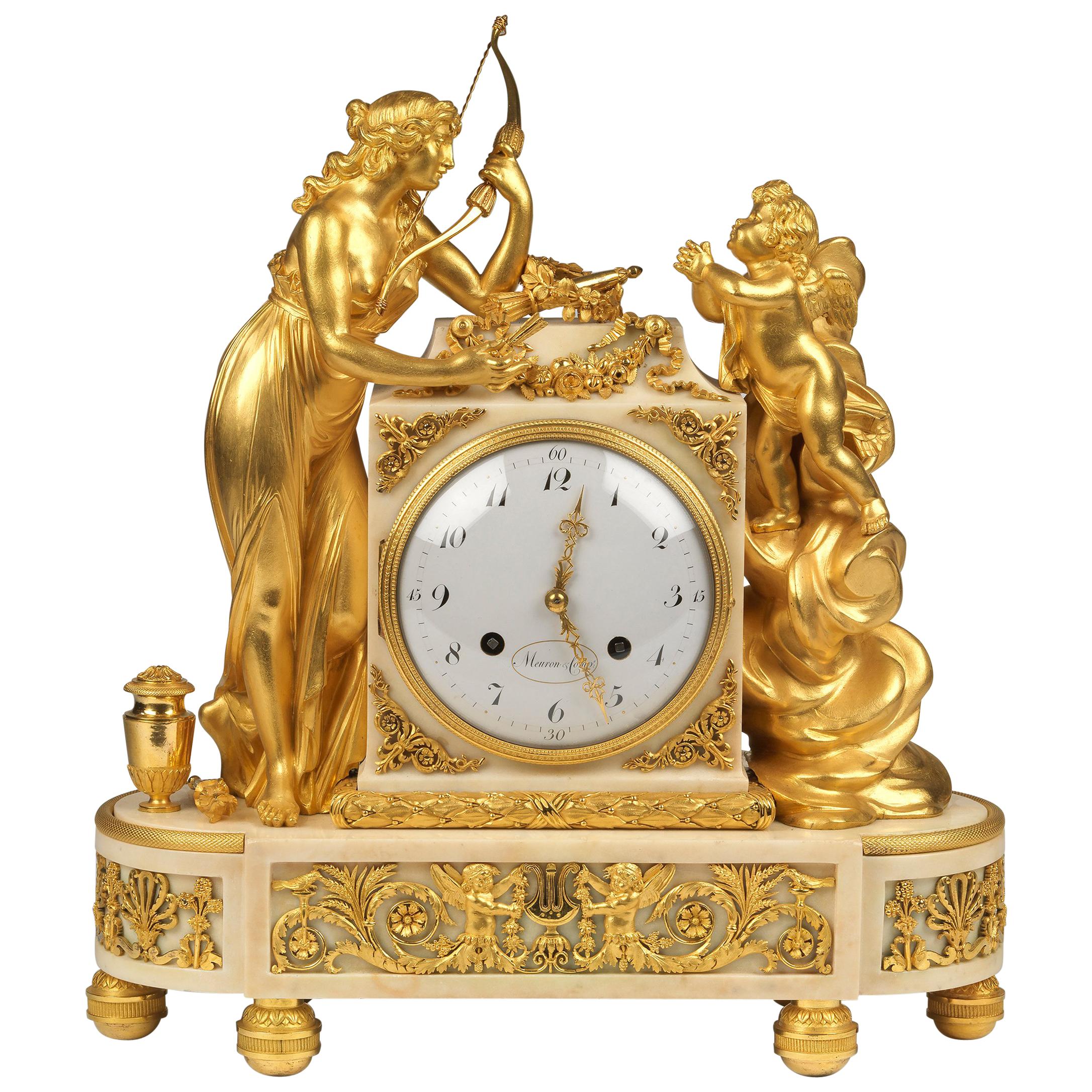Louis XVI Gilt Bronze and White Marble Quarter Striking Clock by Meuron For Sale
