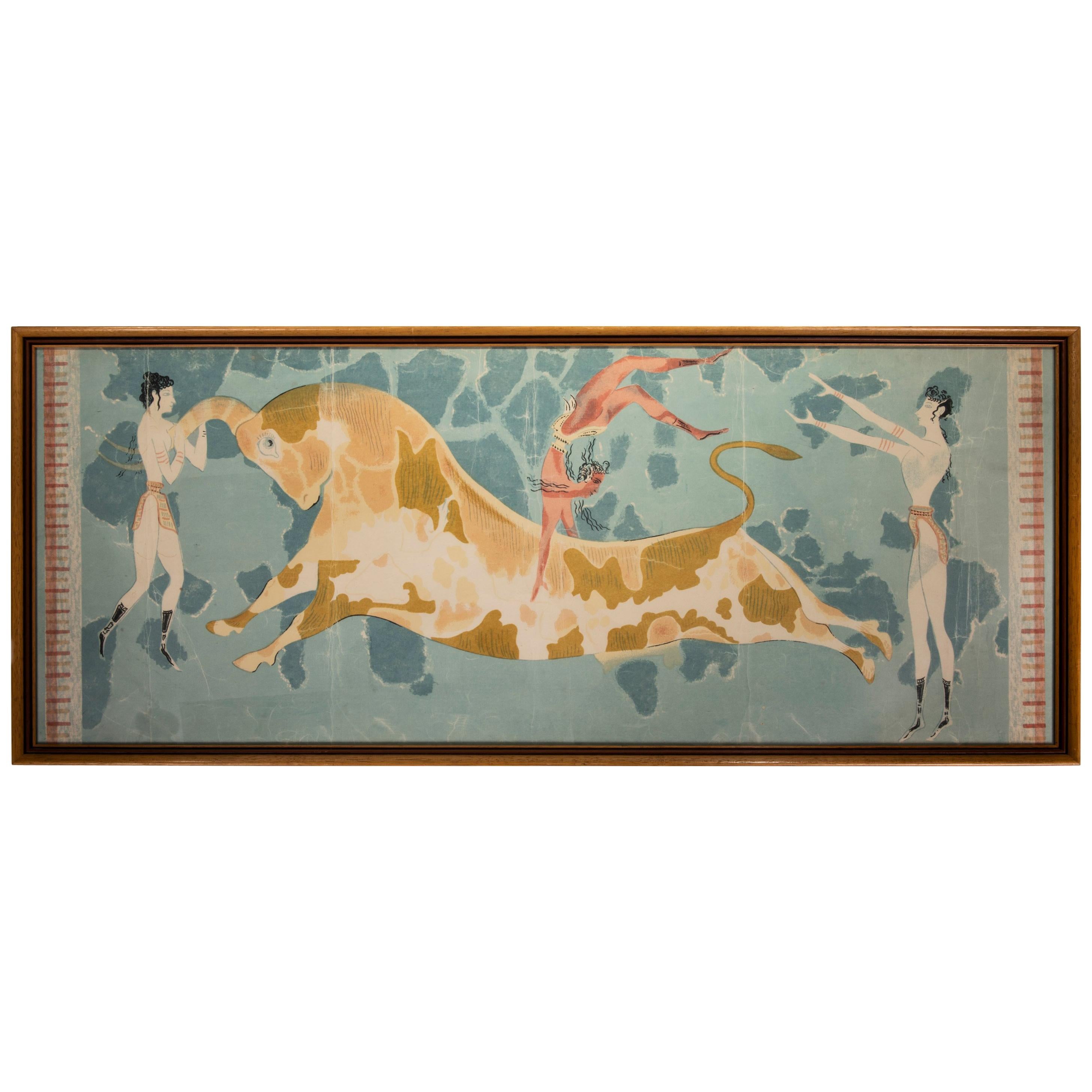 Vintage Minoan "Bull Leaping" Illustrated Print in Original Wood Frame