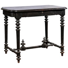Petite French Louis XIII Style Ebonized Side Table with Drawer and Turned Legs
