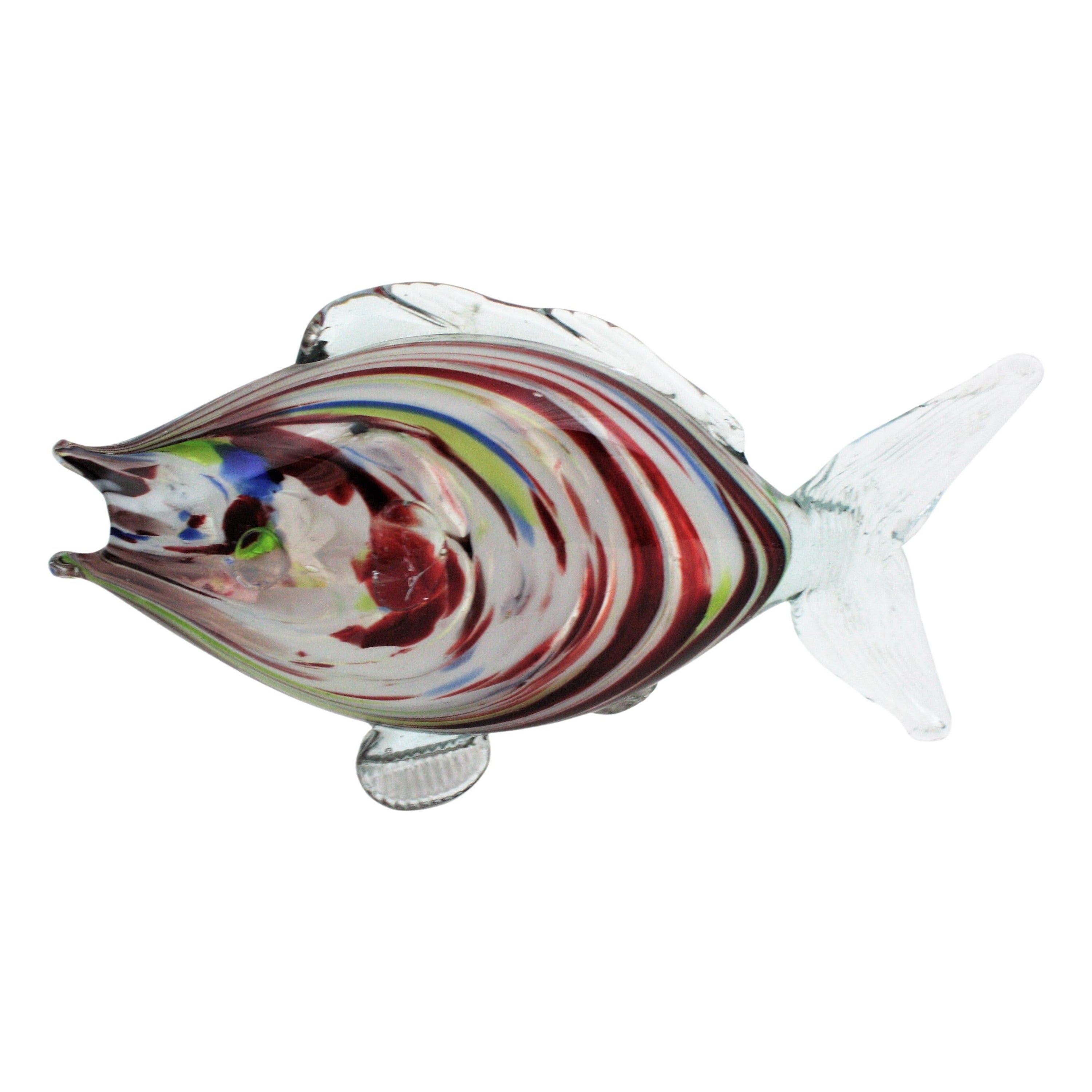 Sculpture de poisson en verre d'art de Murano à rayures multicolores, années 1950