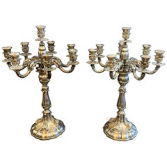 Pair of Braganti Italy Sterling Silver Plated Monumental 7-Arm Candelabra