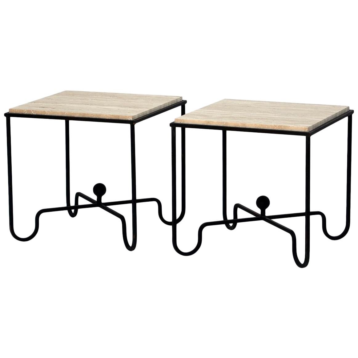 Pair of Wrought Iron and Travertine 'Entretoise' Side Tables by Design Frères For Sale