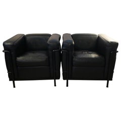 Pair Le Corbusier LC2 Black Leather Chairs by Cassina