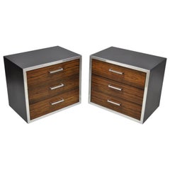 Mid-Century Modern Rosewood Chrome 3-Drawer Nightstands Pair after Milo Baughman