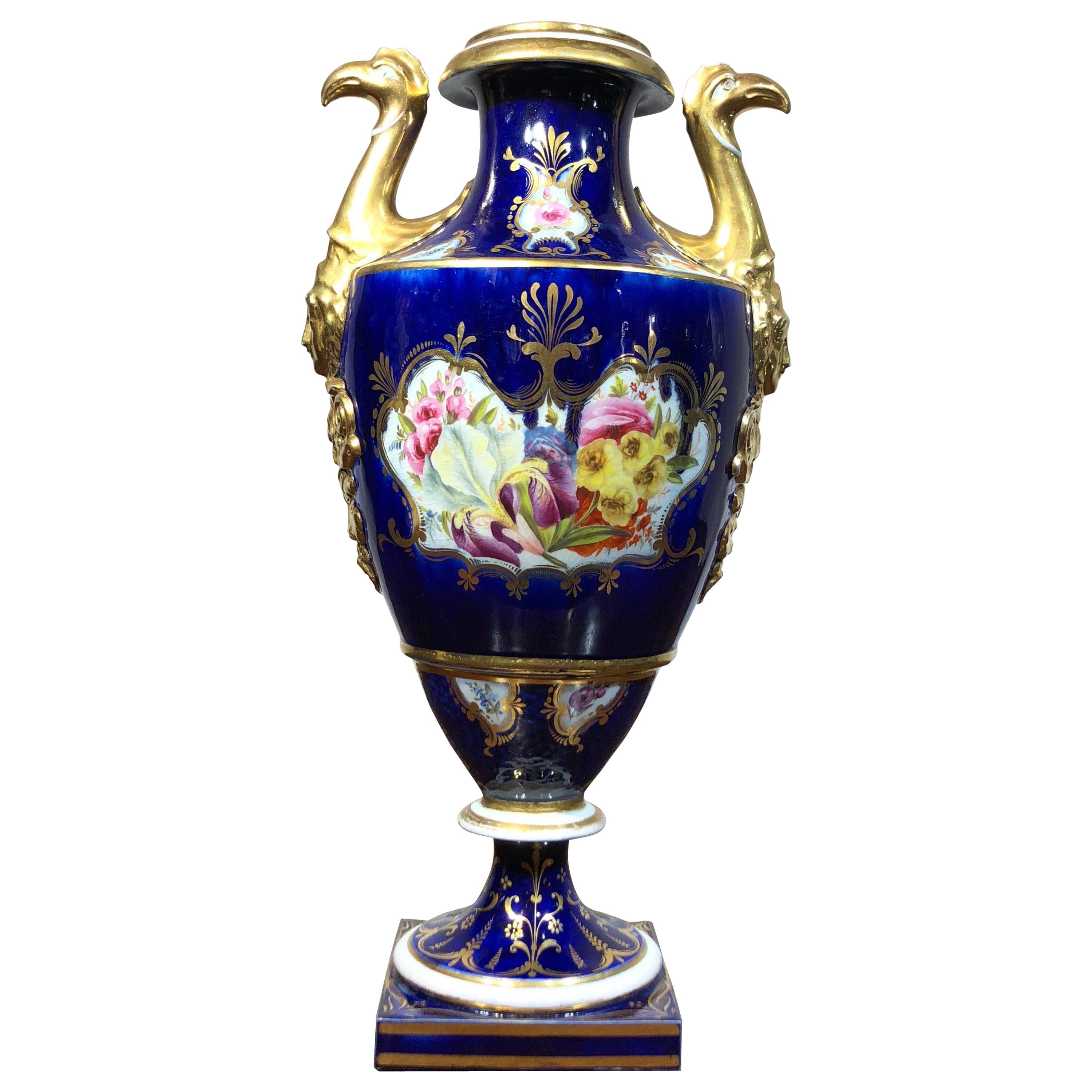 Large Coalport Vase, Birds Head Handles, Flowers and Scale Blue, circa 1805 For Sale