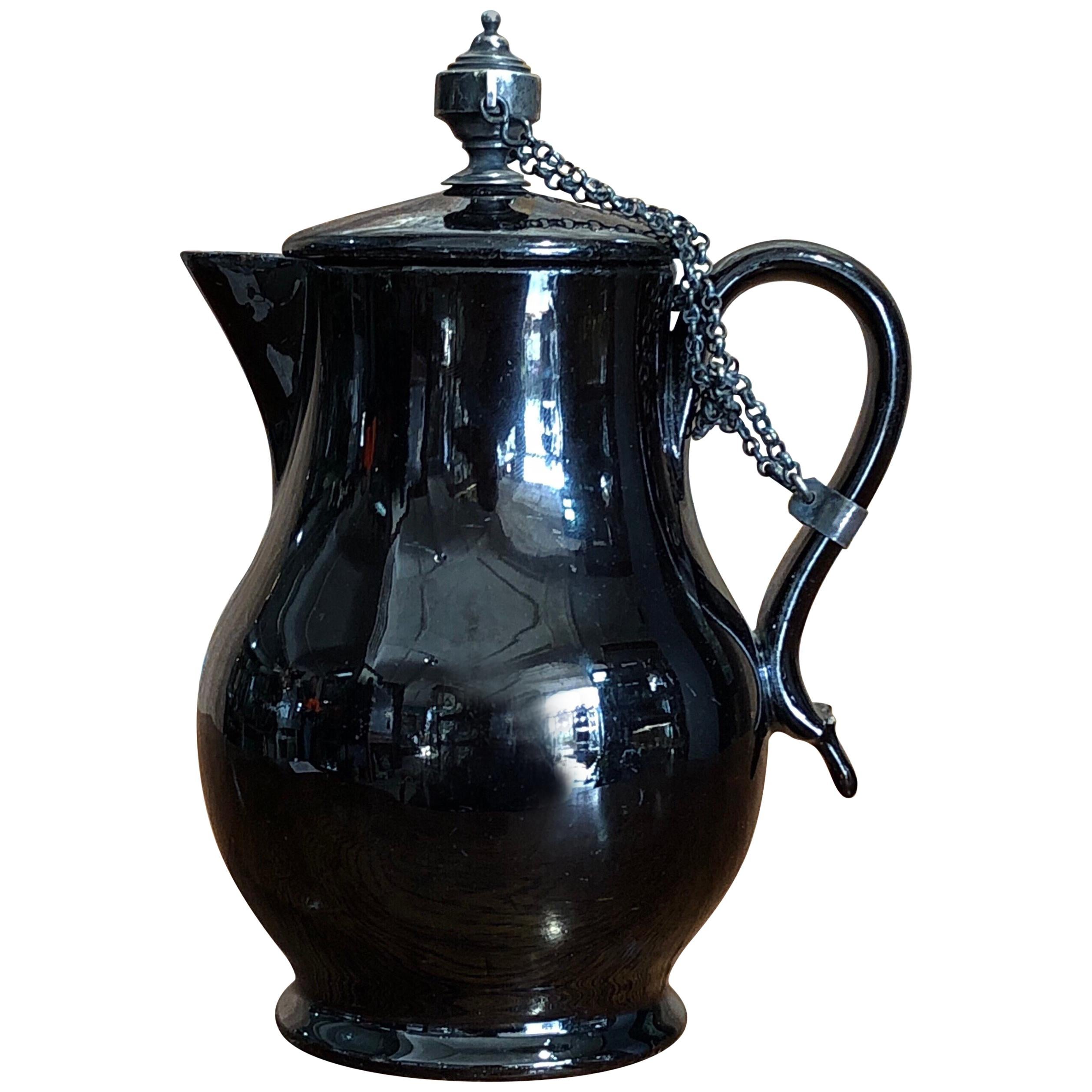 Jackfield Glaze Jug & Cover, Silver Urn Knop & Animal Head Terminal, circa 1770 For Sale