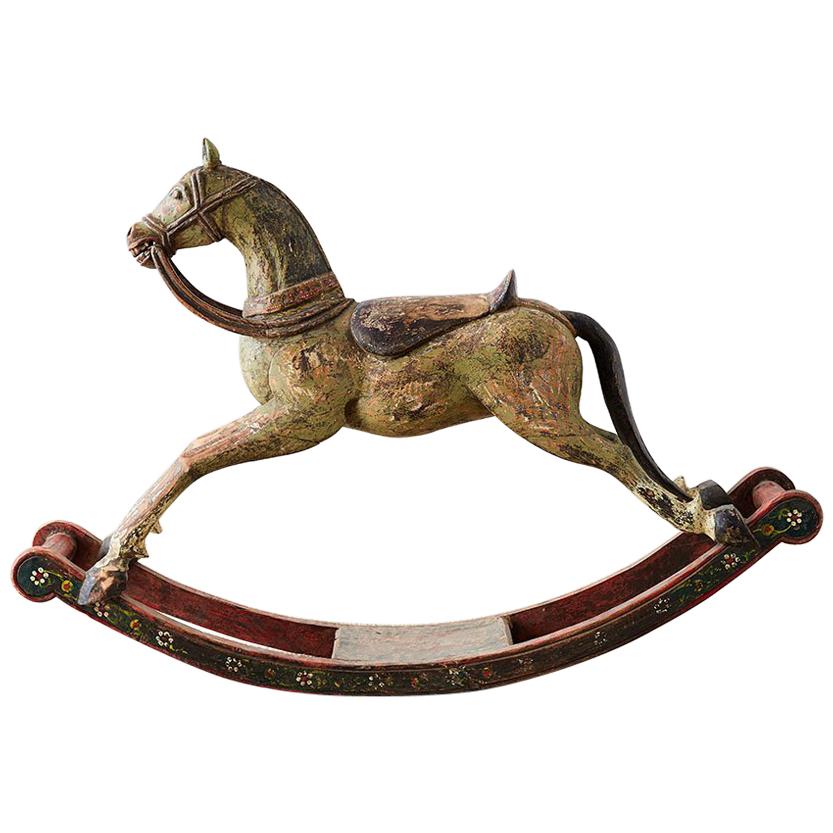 19th Century Romanian Polychrome Wooden Rocking Horse For Sale
