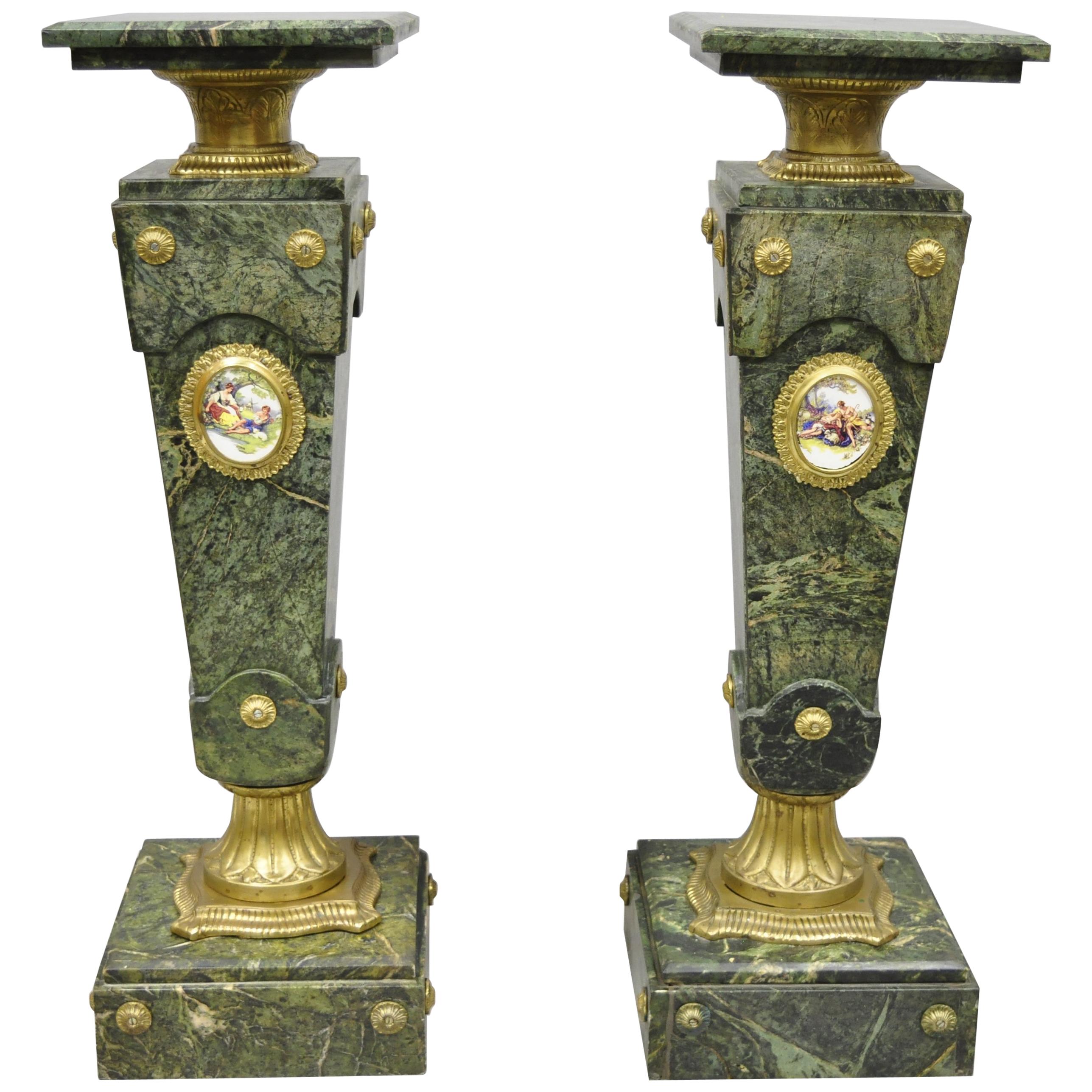 Pair of Louis XV XVI French Style Green Marble Pedestal Stands, Bronze Ormolu