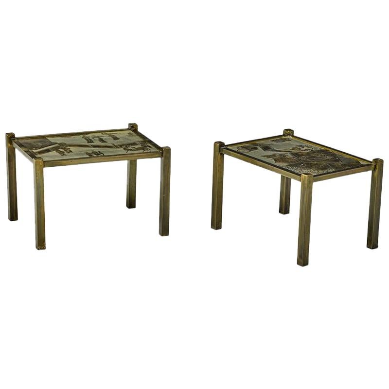 Pair of Acid Etched and Patinated Bronze "Tao" Side Tables by Philip and Kelvin 