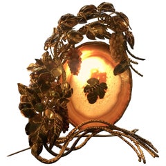Richard Faure Mineral Lamp with Sculptural Brass Leaves and Grapes Frame, 1970s