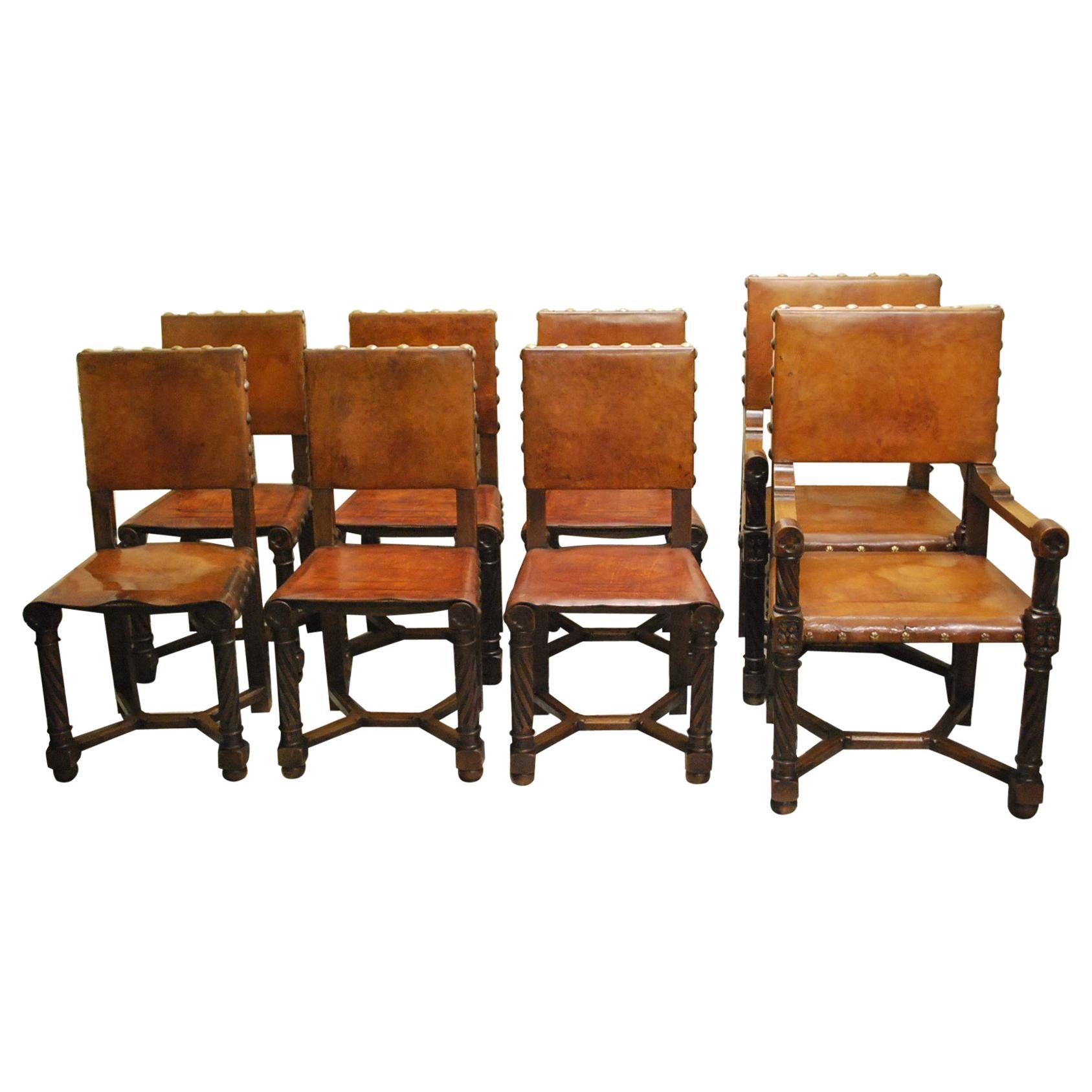 Set of 8 French Gothic Oak and Leather Dining Chairs For Sale