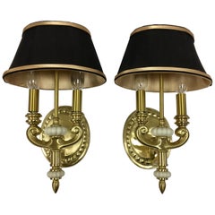 Vintage Pair of Federal Two-Light Brass Sconces with Lampshades