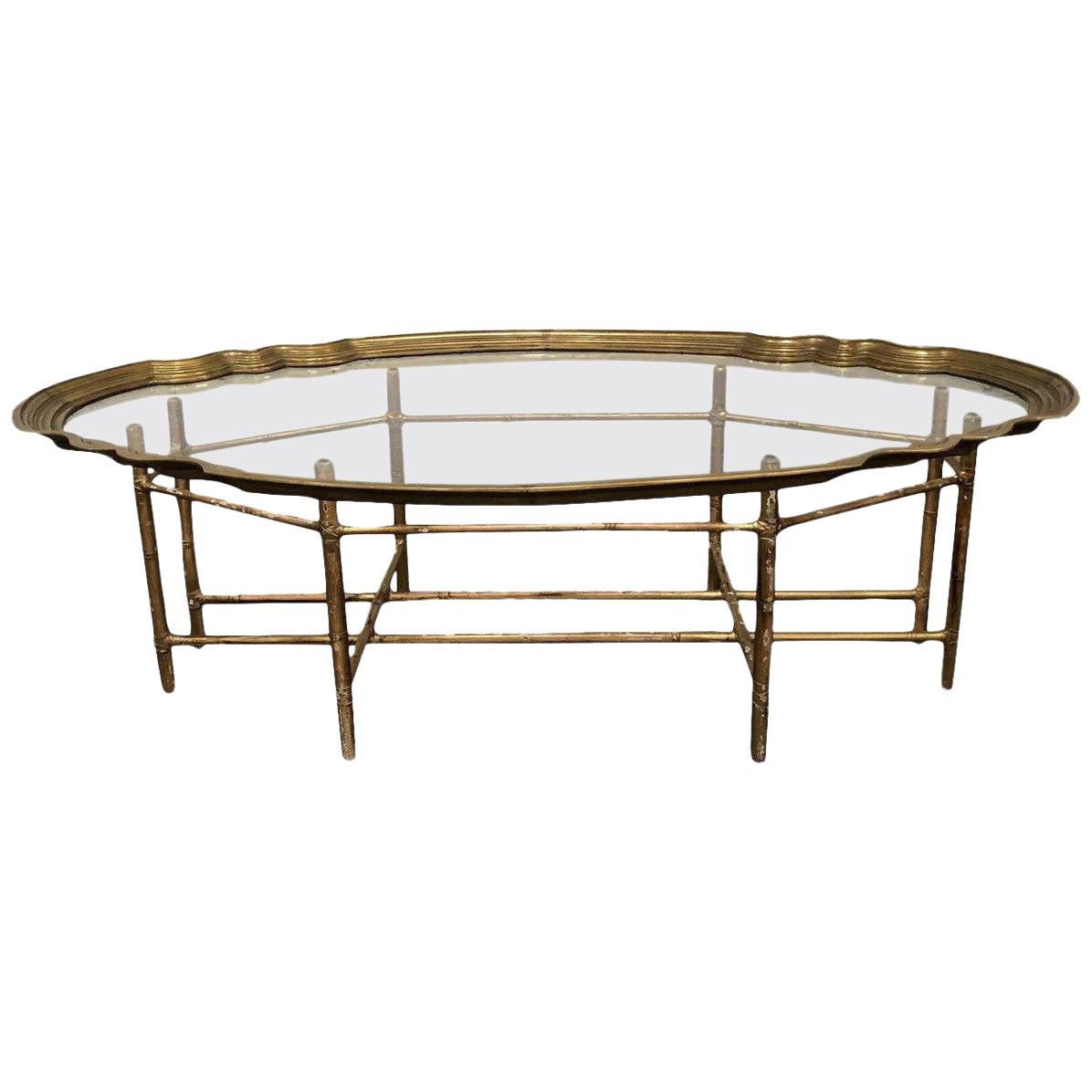 1940s Asian Antique Gilded Glass Coffee Table with Bamboo Base