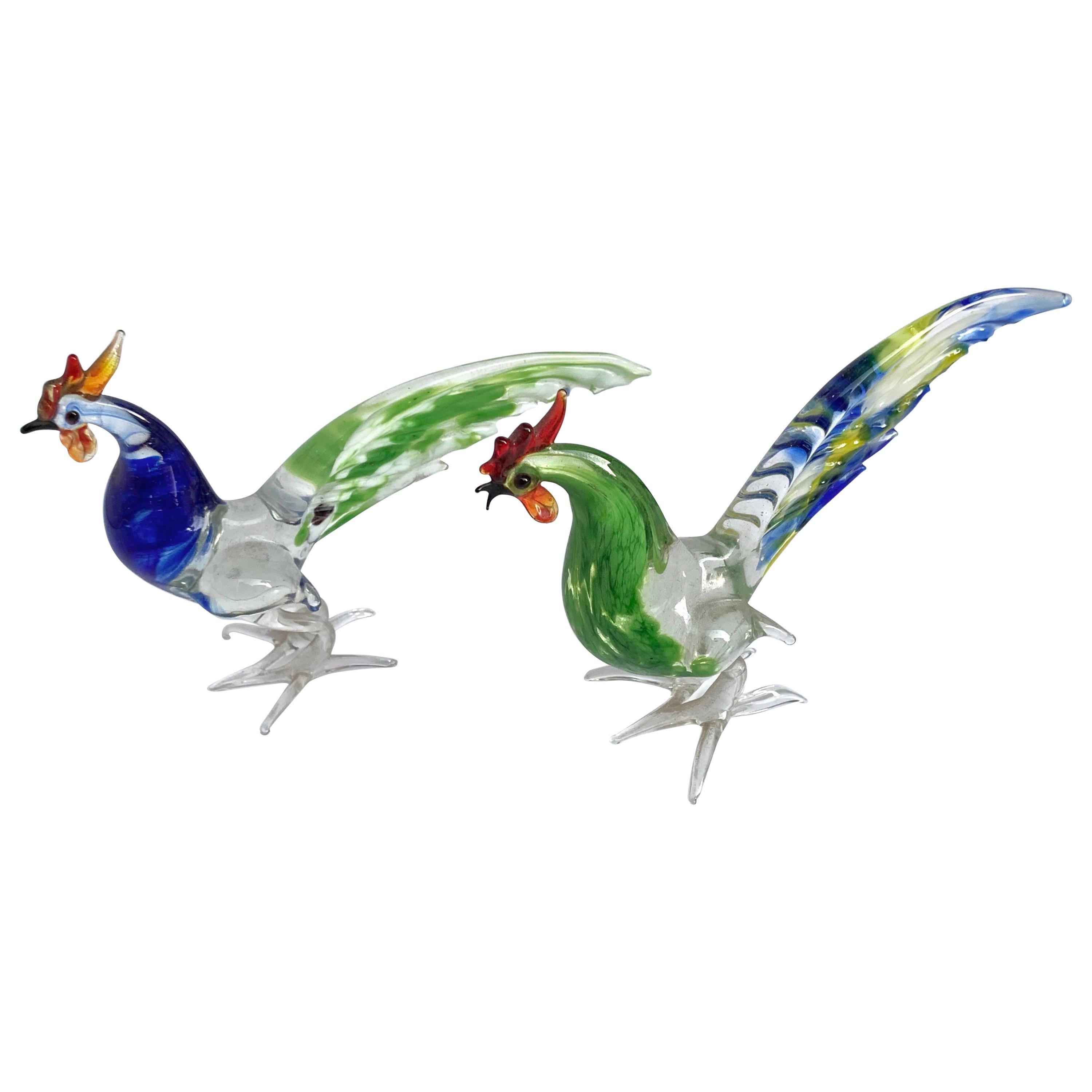 Pair of Artistic Roosters in Multi-Color Murano Glass, Italy, 1970s