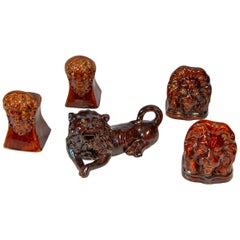 Antique 19th Century Collection of Five English Treacle Glazed Ceramics, Lions and Busts