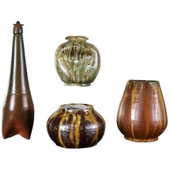 Vintage Set of 4 Pieces of Mid-Century Modern Studio Ceramic Pottery 3 Pots 1 Bottle