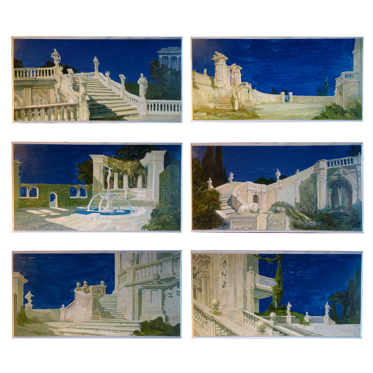 Set of 6 Paintings on Board Study for a Classic Italian Garden For Sale