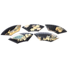 Set of 5 Japanese Black Lacquer Fan Shaped Serving Plates with Seasonal Designs