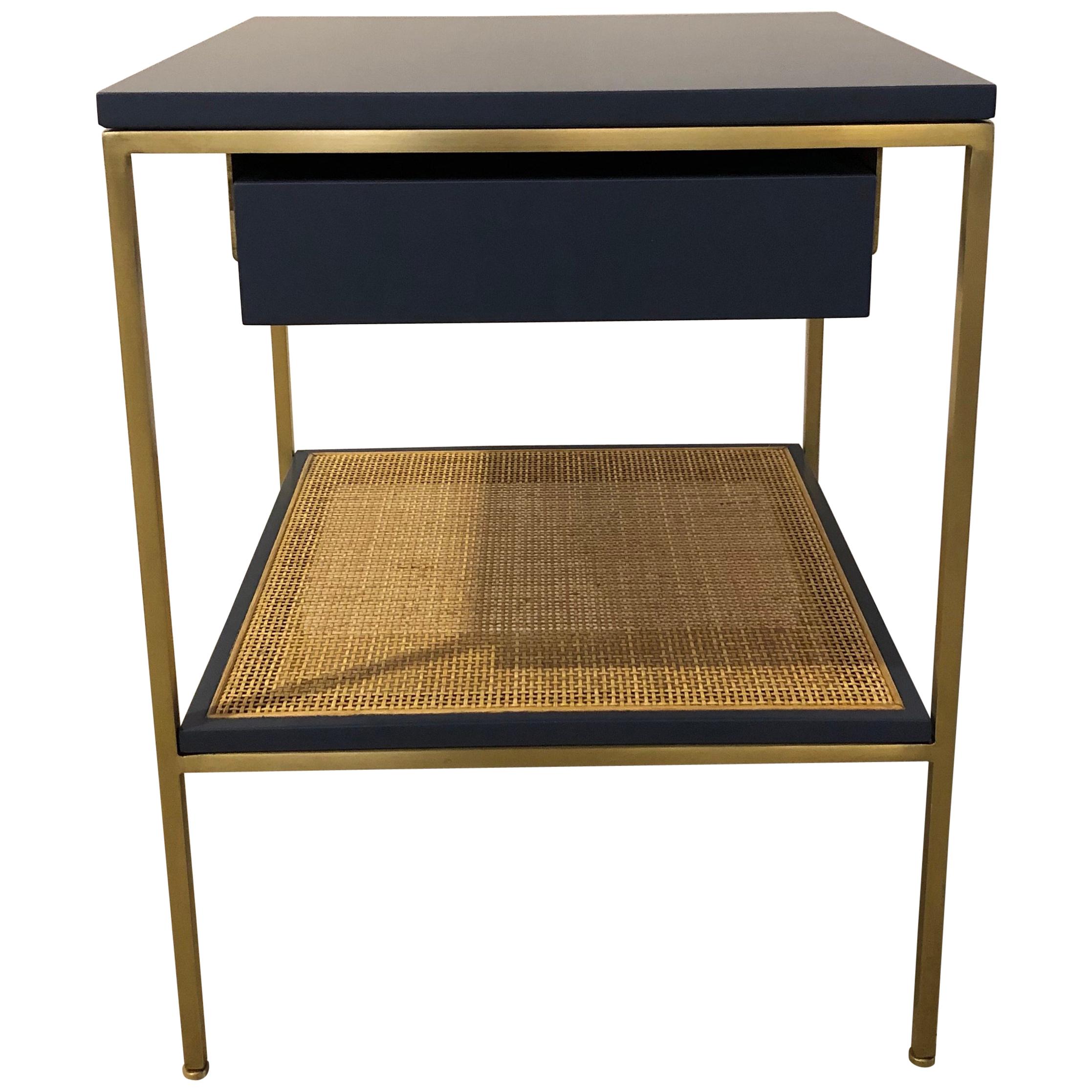 Re 392 Bedside Table in Kensington Blue on Satin Brass Frame with Caned Shelf For Sale