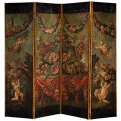 A Late 18th Century Italian Painted Leather Four Fold Screen