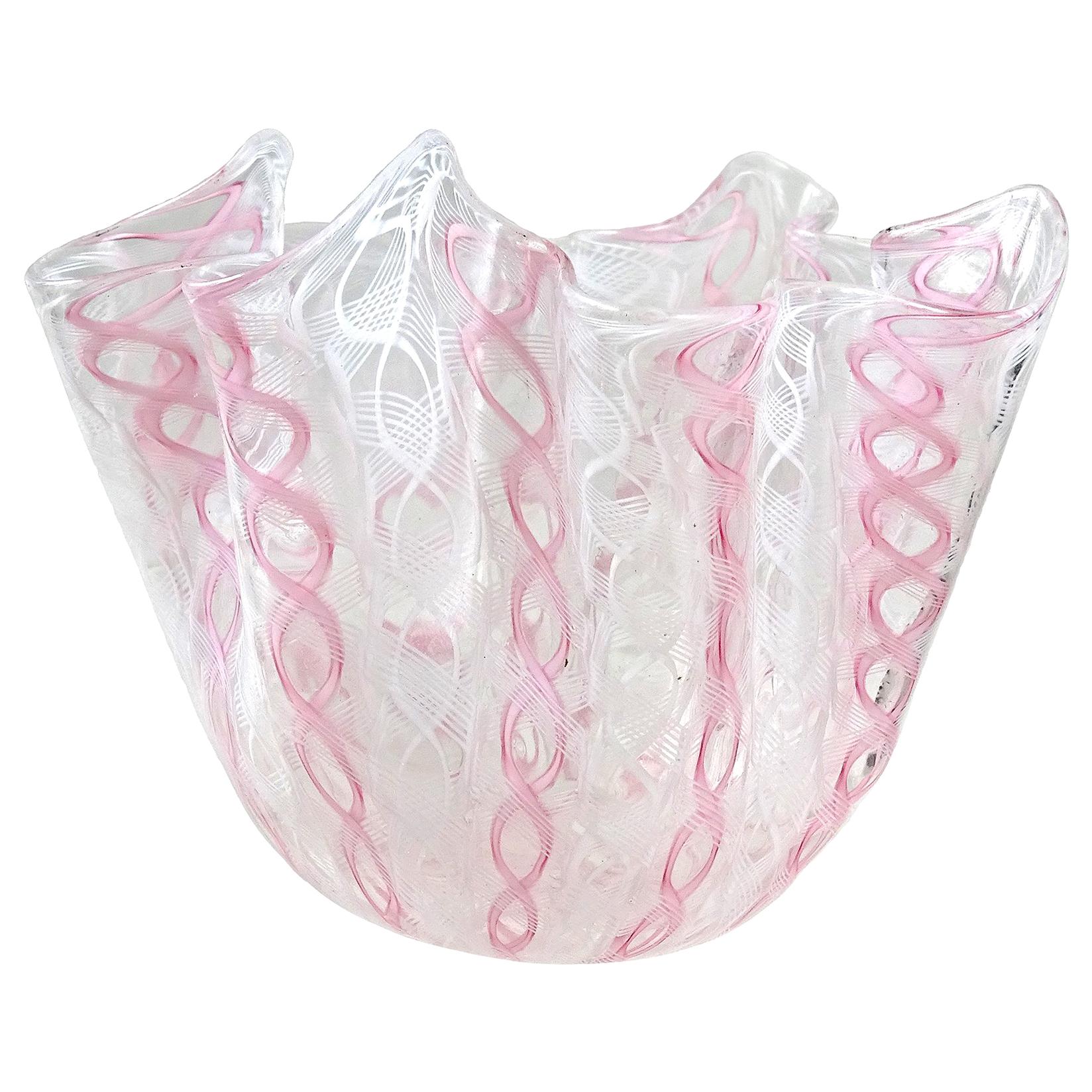 Bianconi Venini Murano Pink White Italian Art Glass Fazzoletto Handkerchief Vase