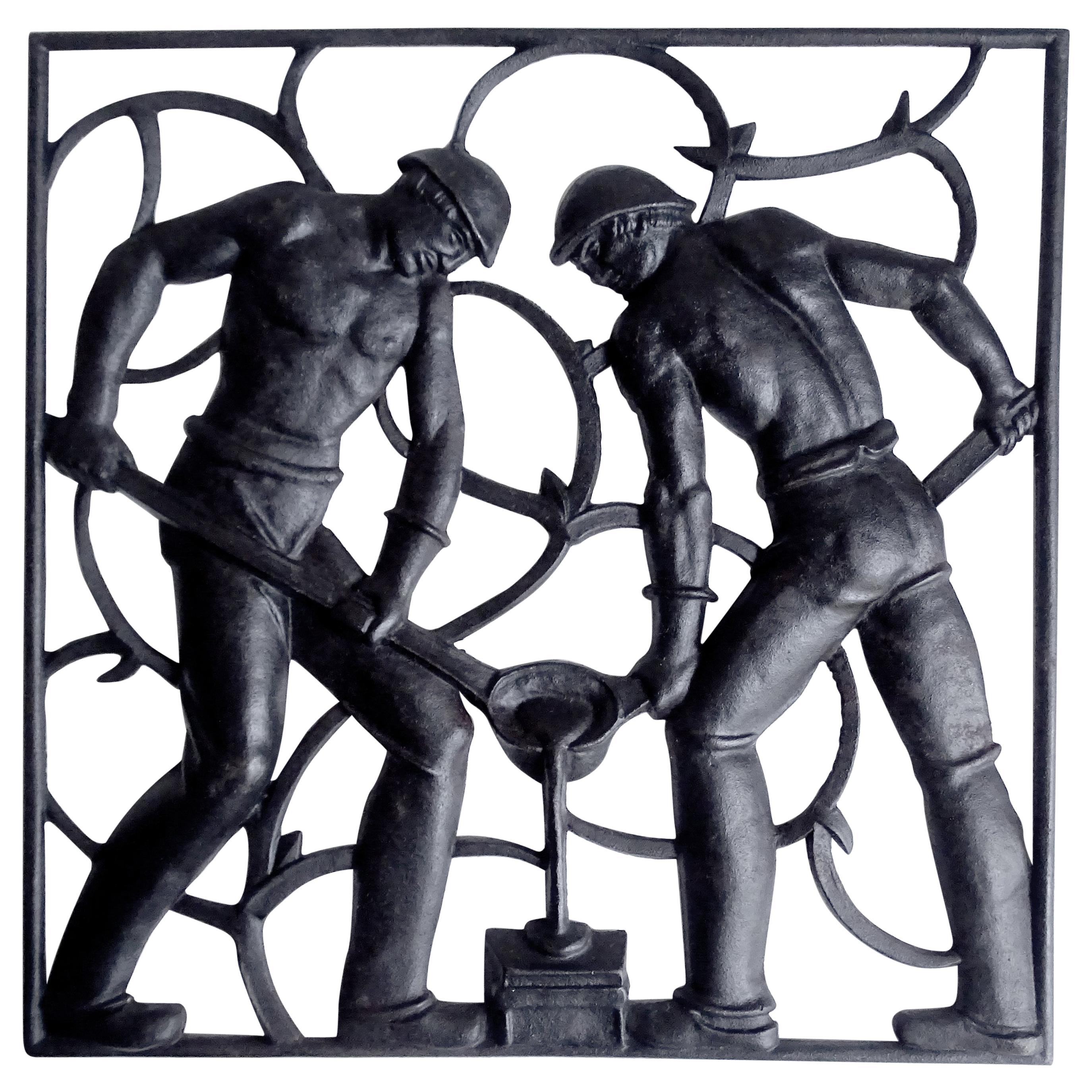 Art Deco Wall Sculpture Miner Nude Men Cast Iron , 1930s Modernist Design