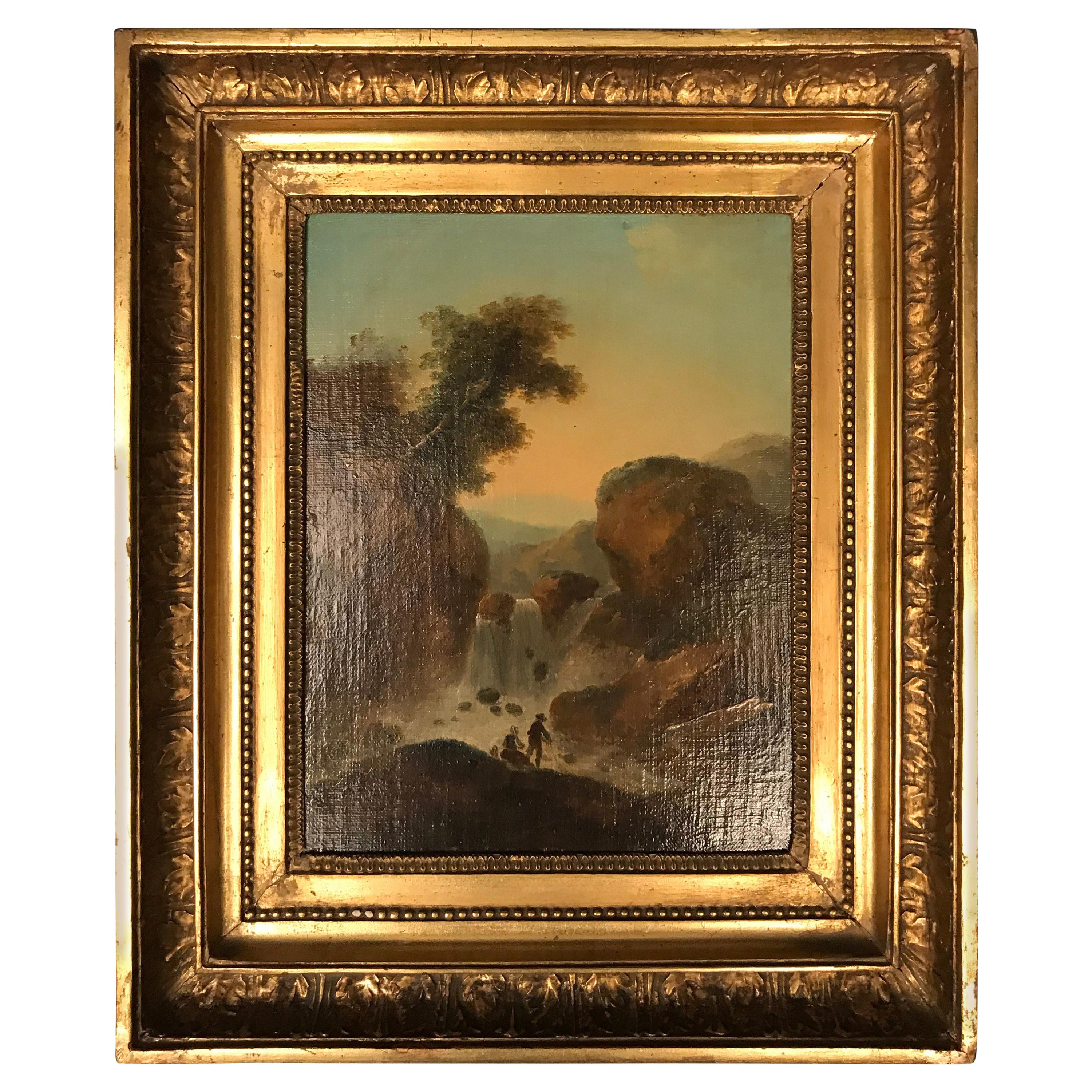 Oil Painting Waterfall in the Roman Mountains, 18th Century For Sale