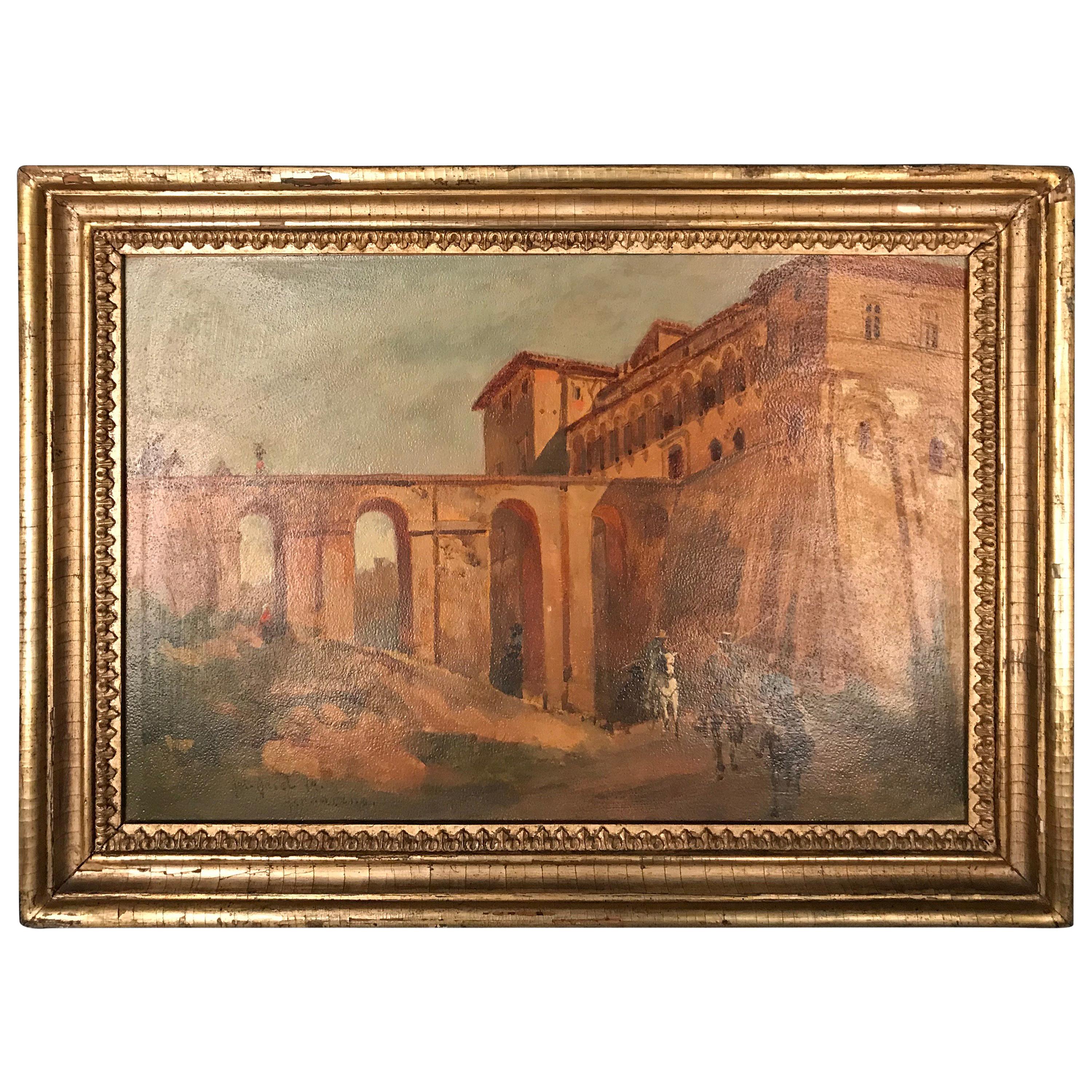 Oil Painting Jacob, Julius Berlin 1842 Genazzano, Piscopal Palace and Bridgeacce For Sale