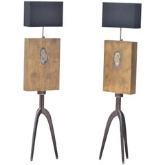 Pair of energy Acid Etched Floor Lamps with Agate Stone Inlay by Studio Belgali