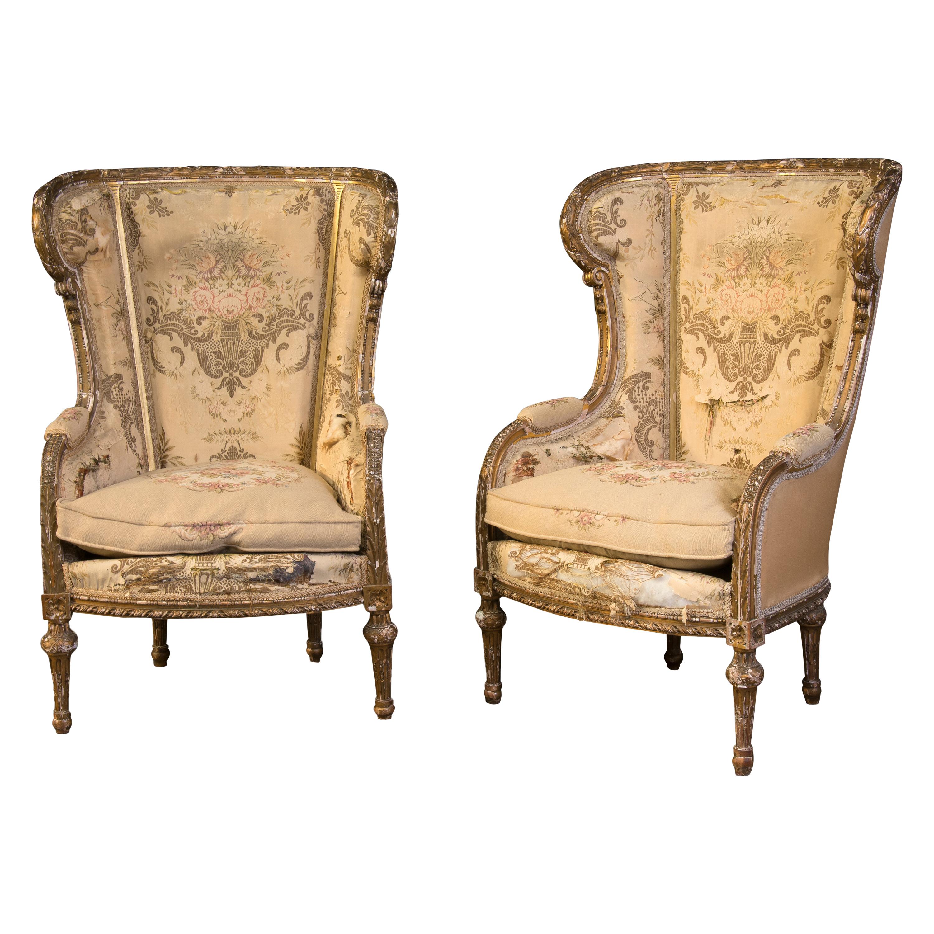 Pair of Bergère Chairs, Wood, Textile France, 19th Century