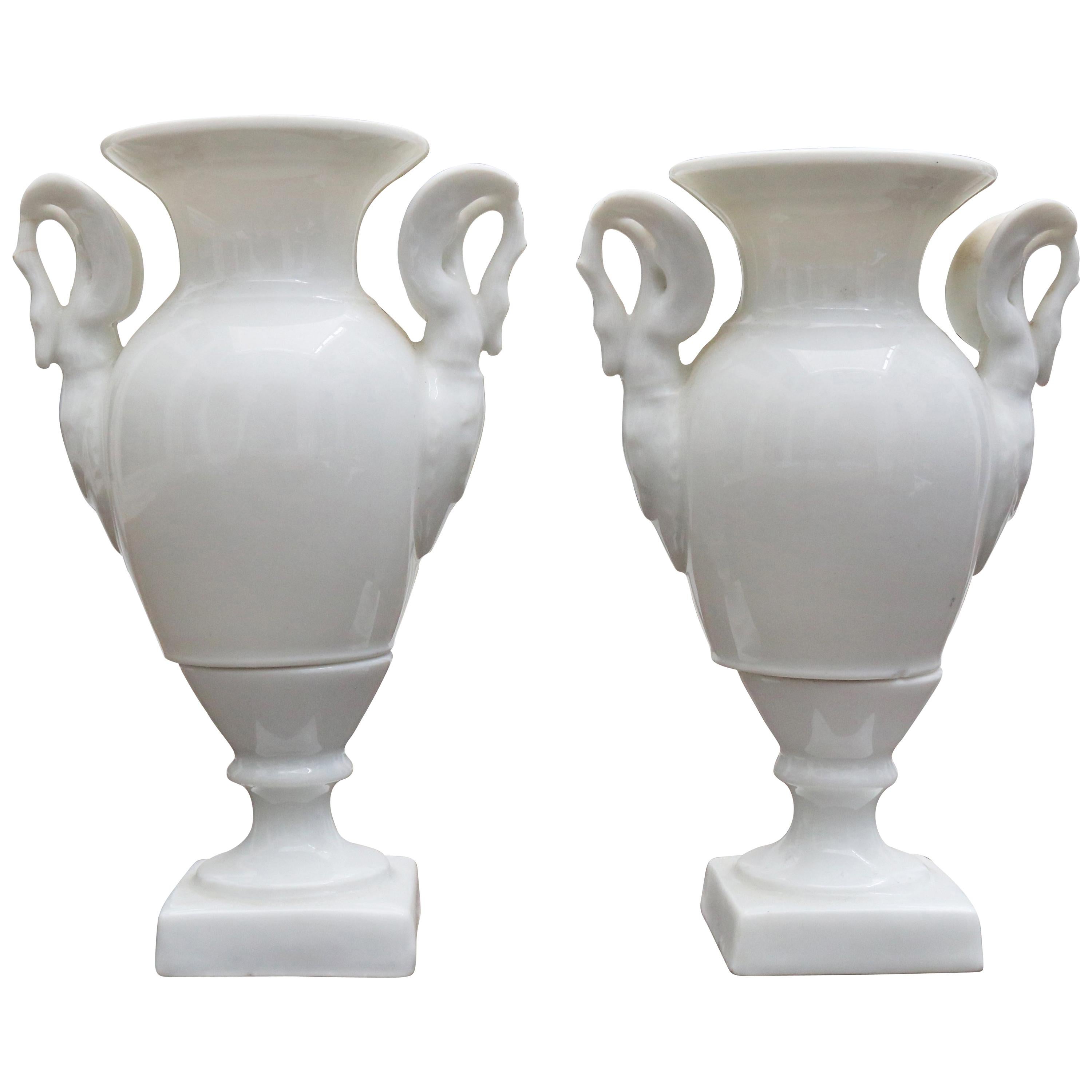 19th Century Pair of French White Porcelain Vases with Swam Shaped Handles
