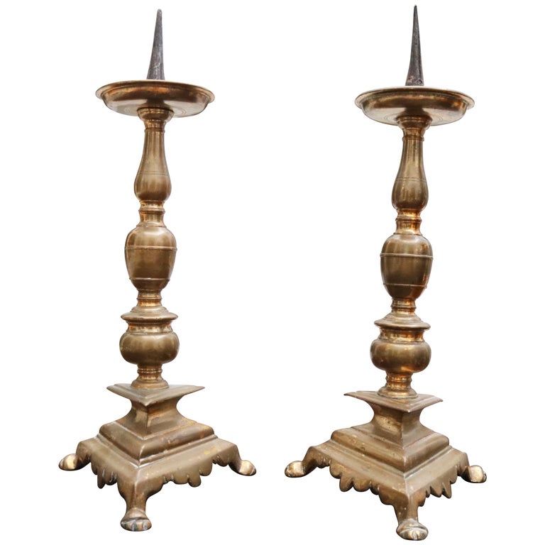 17th Century Pair of Spanish Brass Candle Pricket Sticks For Sale at