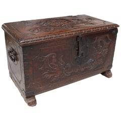 18th Century Colonial Wooden Chest with Relief Carvings and Iron Fittings