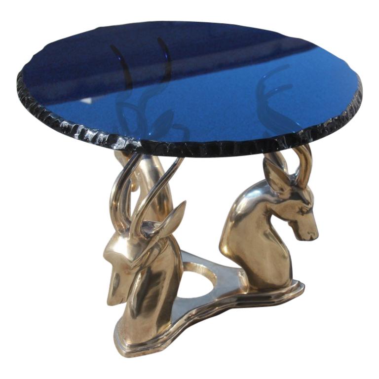Midcentury Round Blue Cobalt Italian Brass Deer Top Thick Crystal 1960 Chipped For Sale