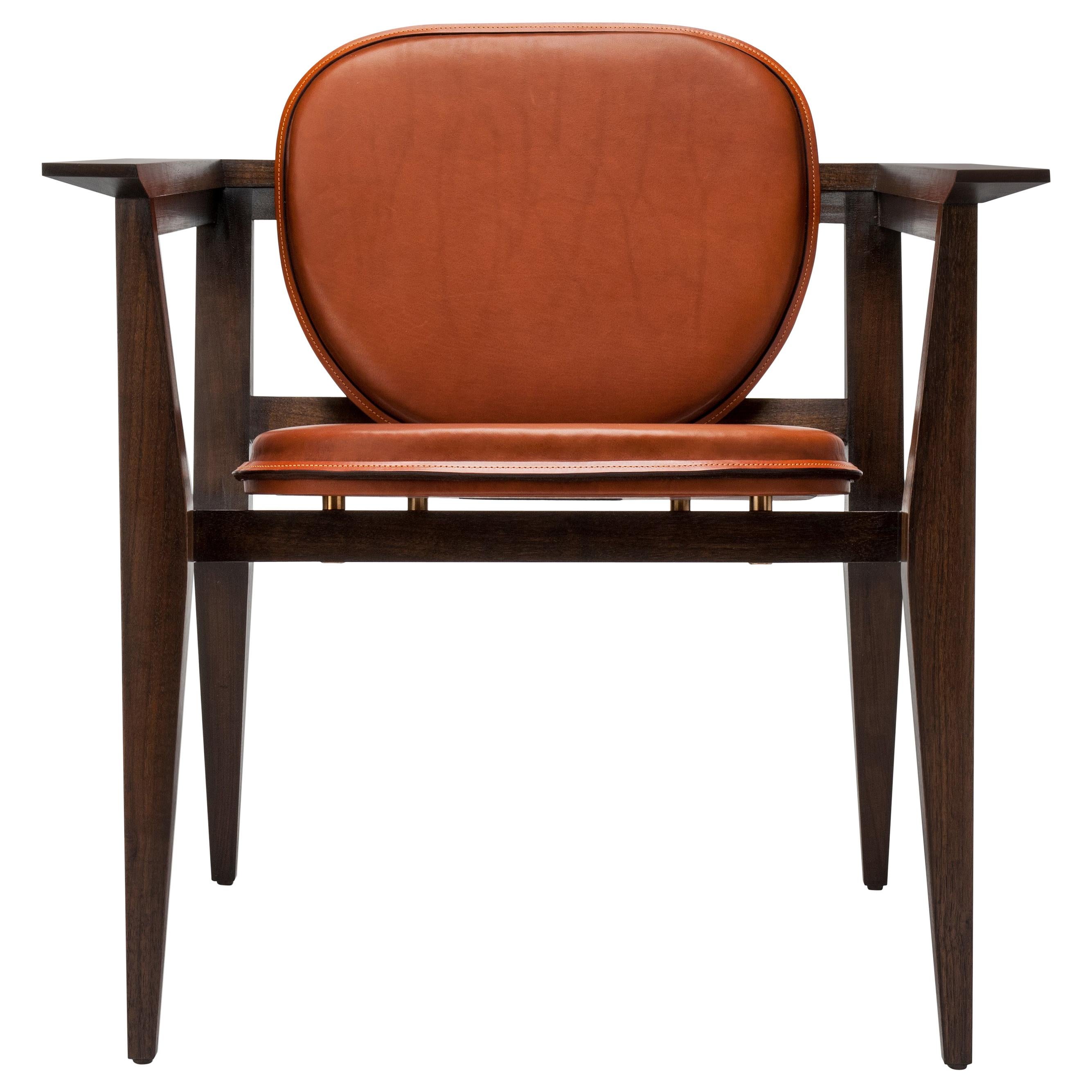 Contemporary Constructor Armchair in Tan Saddle Leather and Solid Walnut
