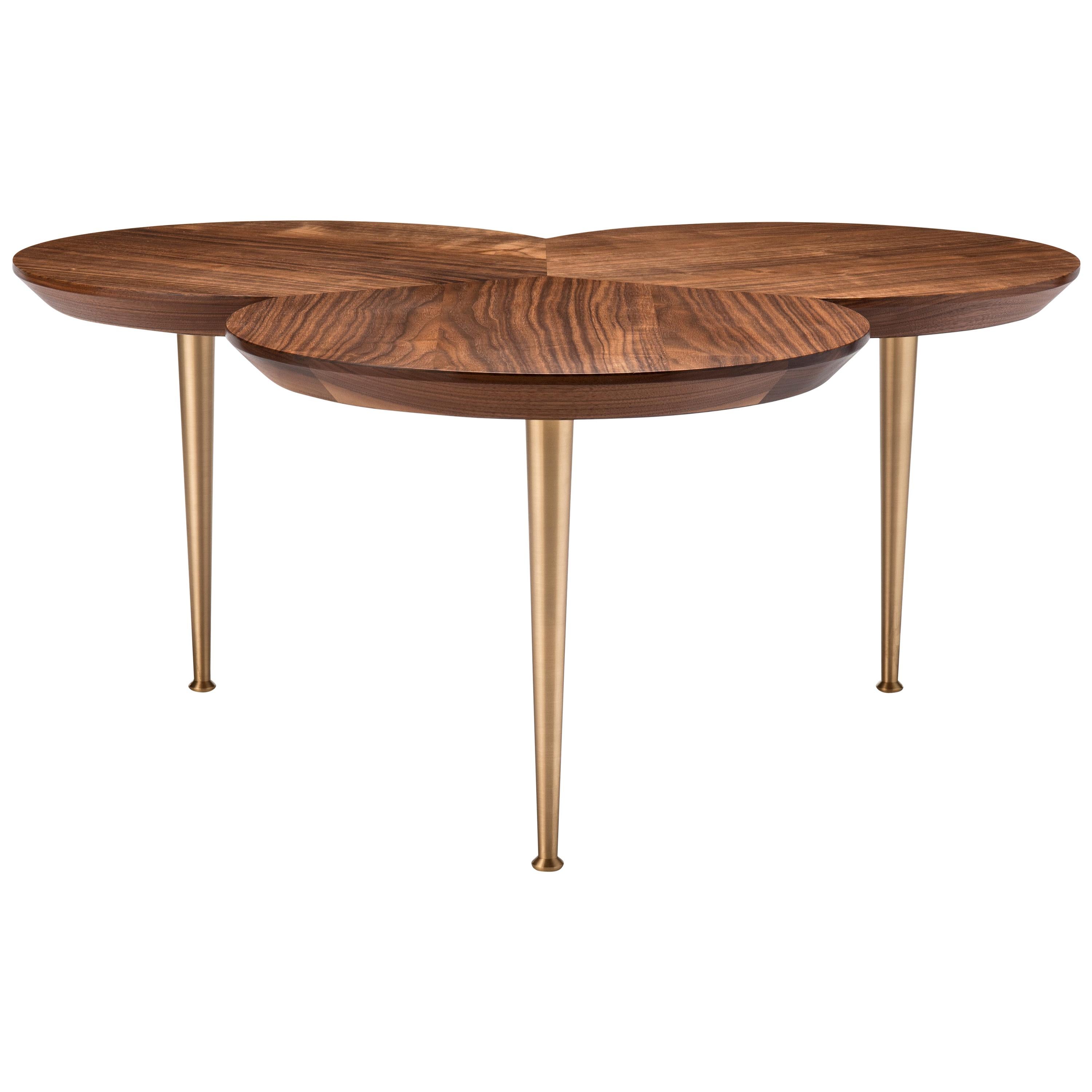 Contemporary Stem Coffee Table in Natural Walnut with Solid Brass Legs