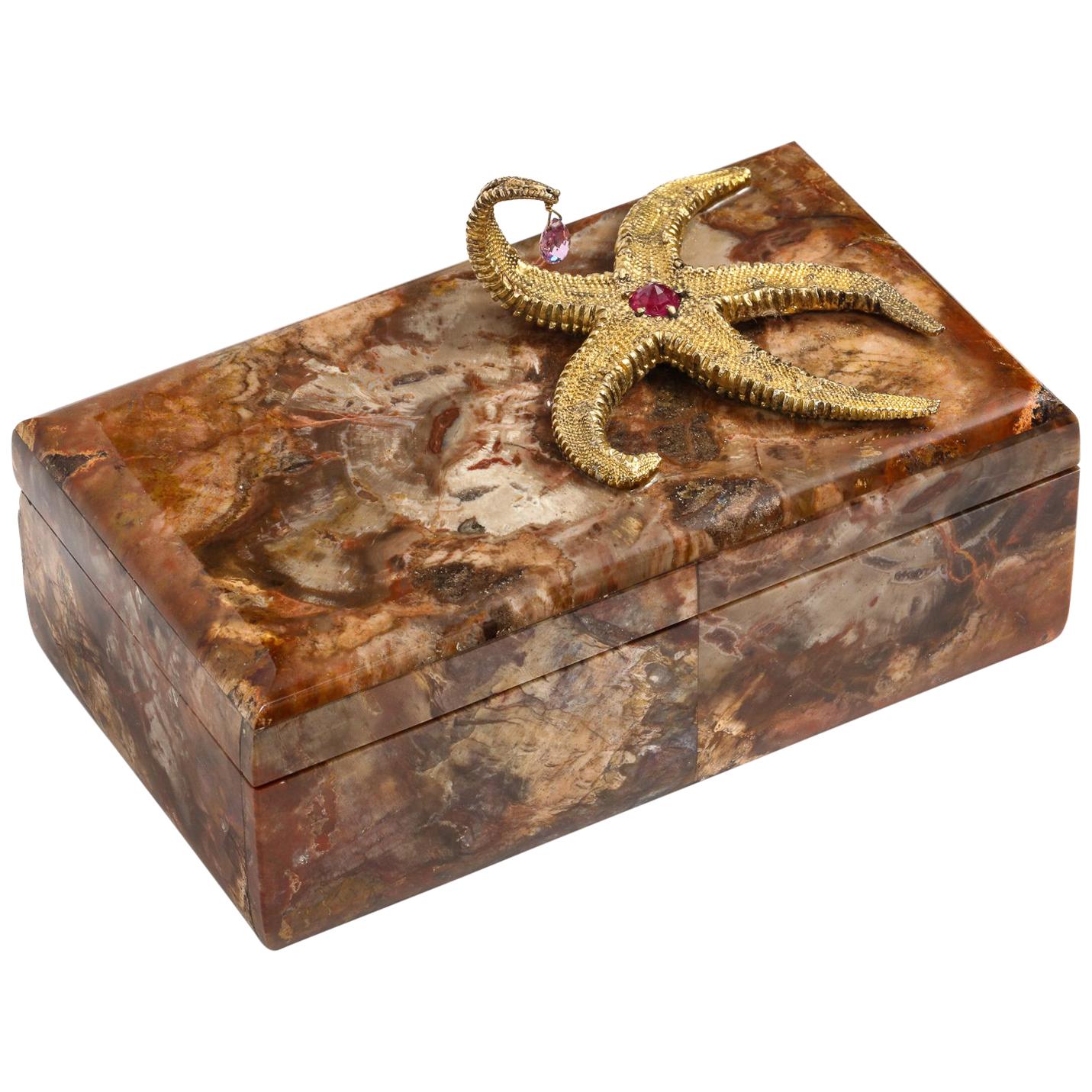 Petrified Wood Box with Silver-Gilt Starfish and Pink Sapphire by Nardi