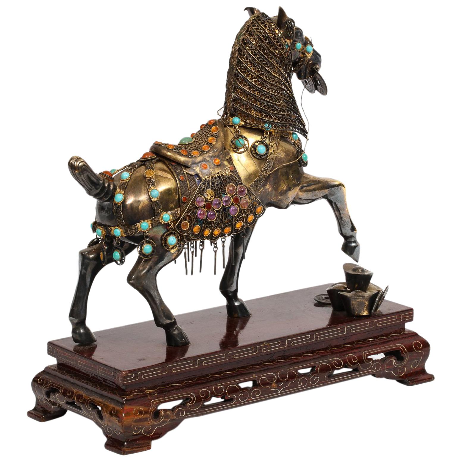 Chinese Sterling Silver Horse with Applied Jewels and Turquoise on Wood Stand