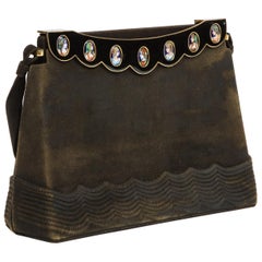 Elegant French Limoges Enamel and Black Suede Purse Handbag, George Baring, 1950