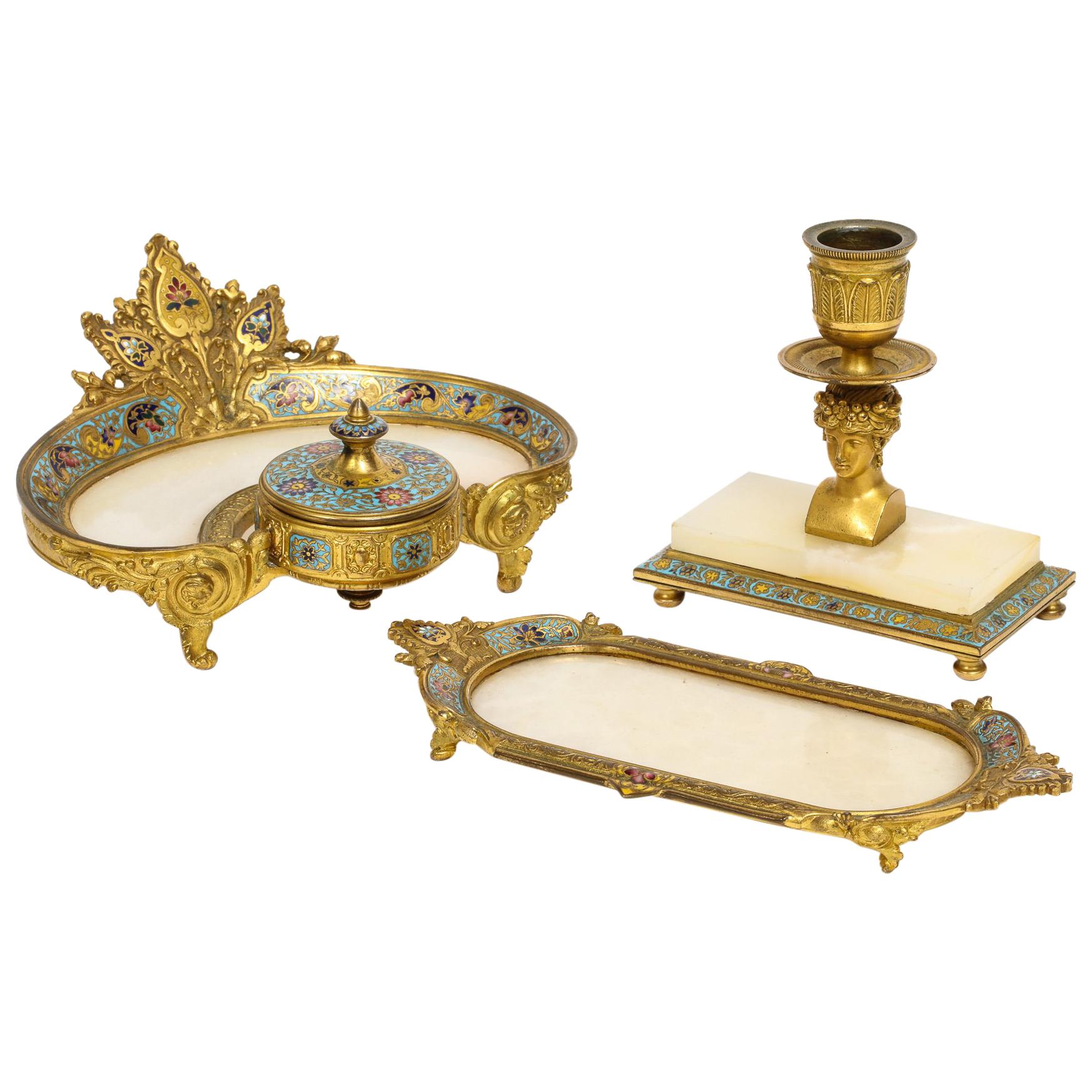 French Ormolu Bronze, Onyx, and Champlevé Cloisonné Enamel Desk Set, Inkwell