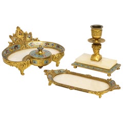 Antique French Ormolu Bronze, Onyx, and Champlevé Cloisonné Enamel Desk Set, Inkwell